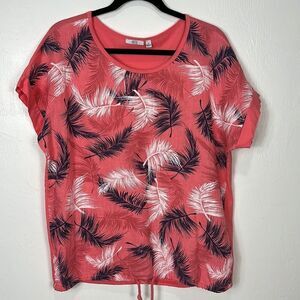 Kaktus Pink Feather Print Multi Media Linen Cotton Top Size S